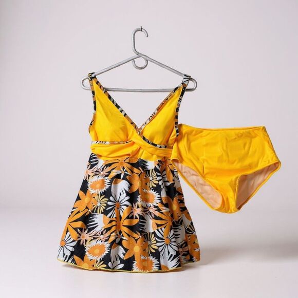 Yellow Floral Two-Piece Tankini Bikini Swimsuit Women Small Dress Set - Picture 2 of 9